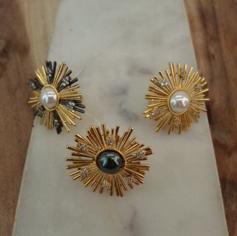 Beyaz İncili Yüzük Sarı - Siyah